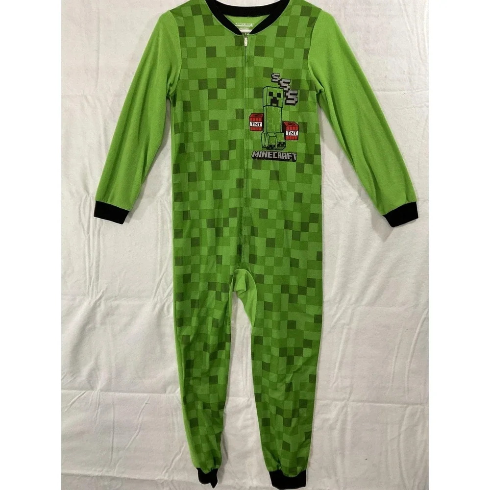 Minecraft One Piece Pajamas Boys 10/12 Green Creeper Fleece Zip Sleepwear